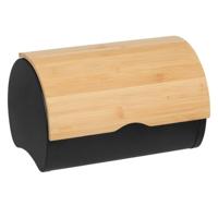 Broodtrommel met klep/deksel - bamboe hout/metaal - 32 x 20 x 24 cm - zwart/naturel