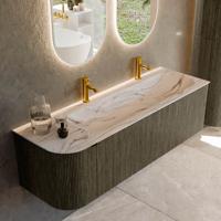 Badmeubel Mondiaz Kurve-Dlux | 145 cm | Meubelkleur Shadow | Wastafelkleur Nata | Solid surface | Wasbak rechter zijde spoelbak | 2 kraangaten