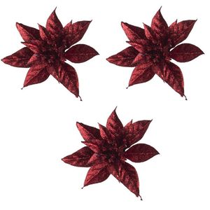 4x Donkerrode decoratie glitter bloemen op clip 8 cm