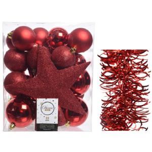 Kerstversiering kerstballen 5-6-8 cm met ster piek en golf folieslingers pakket rood van 35x stuks - Kerstbal