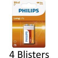 4 Stuks (4 Blisters a 1 st) Philips Longlife 9V Batterijen - thumbnail