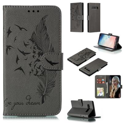 Feather patroon Litchi textuur horizontale Flip lederen draagtas met portemonnee & houder & kaartsleuven voor Galaxy S10 PLUS (grijs)