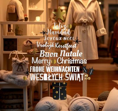 Kerstboom in verschillende talen etalage sticker