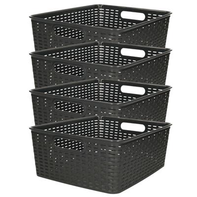 Opbergmand - 4x - Kastmand - rotan kunststof - zwart - 12 Liter - 30 x 37 x 13 cm
