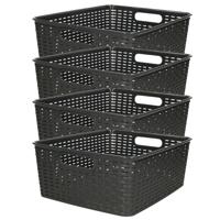 Opbergmand - 4x - Kastmand - rotan kunststof - zwart - 12 Liter - 30 x 37 x 13 cm