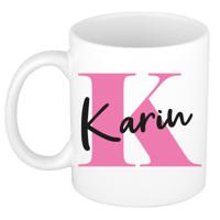 Naam mok Karin - roze - wit - keramiek - 300 ml - verjaardag/cadeau beker