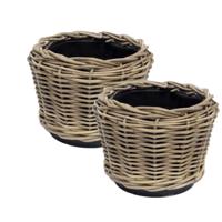 Planten/bloemen mand - 2x - rotan - gevlochten riet - D27 x H22 cm - drypot - plantenpot