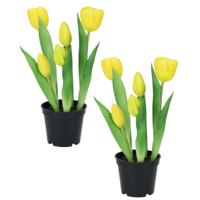 Kunst tulpen Holland in pot - 2x stuks - geel - real touch - 26 cm