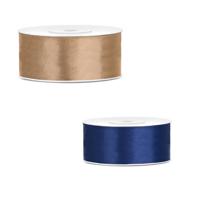 Bellatio decorations 2x rollen satijn cadeaulint/sierlint - 2.5 cm x 25 meter - blauw en goud