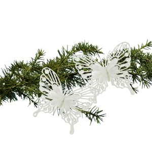 Kerstboom ornamenten vlinders op clip - 2x - wit - 13 cm - glitter