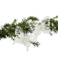 Kerstboom ornamenten vlinders op clip - 2x - wit - 13 cm - glitter - thumbnail