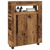 Badkamerkast smal met wielen bewerkt hout oud houtkleurig Badkamerkast smal met wielen bewerkt hout oud houtkleurig