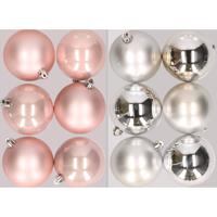 12x stuks kunststof kerstballen mix van lichtroze en zilver 8 cm - Kerstbal