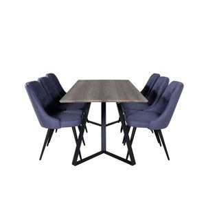 MarinaGRBL eethoek eetkamertafel el hout decor grijs en 6 Velvet Deluxe eetkamerstal blauw, zwart.