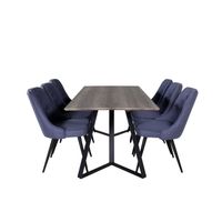 MarinaGRBL eethoek eetkamertafel el hout decor grijs en 6 Velvet Deluxe eetkamerstal blauw, zwart.