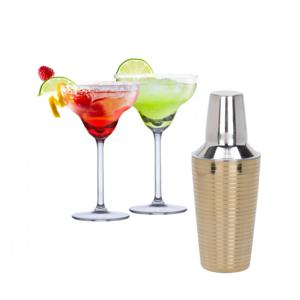 Set van 4x Margarita cocktailglazen met goud gestreepte cocktailshaker RVS