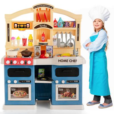 69-Delige Kinderkeuken met Verlichting & Stoom & Muziek & Geluid Speelkeuken Kinderspeelkeuken met Waterpomp en Spoelbak Blauw