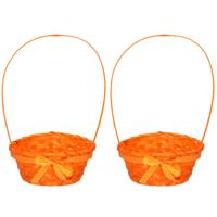 Rieten mandje met hengsel - 2x stuks - oranje - 21 x 39 cm - Opbergen - Paaseieren mandje