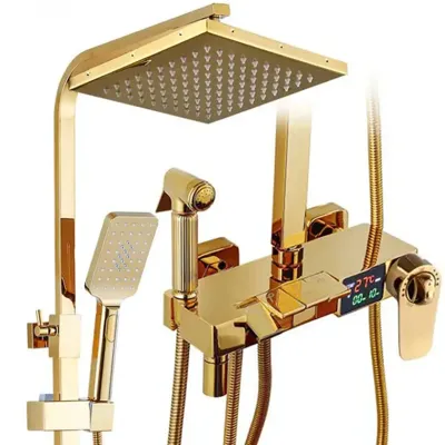 Thermostatische Doucheset - Geborsteld Goud | Messing & ABS | Verstelbare Hoogte | 20 Inch Vierkante Douchekop