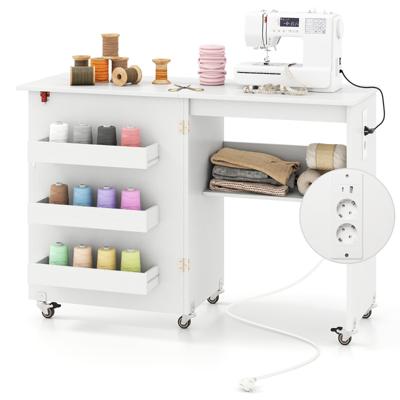 Opvouwbare Naaitafel met Oplaadstation Opvouwbare Knutselwagen met Rek en Lades Wit