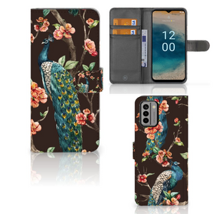 Nokia G22 Telefoonhoesje met Pasjes Pauw met Bloemen