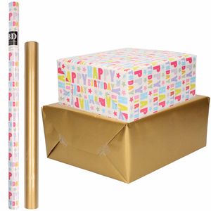 4x Rollen kraft inpakpapier happy birthday pakket - goud 200 x 70/50 cm - Cadeaupapier