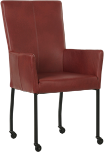 Rode leren moderne eetkamerstoel Deal - met armleuning poot vierkant zwart met wiel - Granada leer Rouge (rood leer)