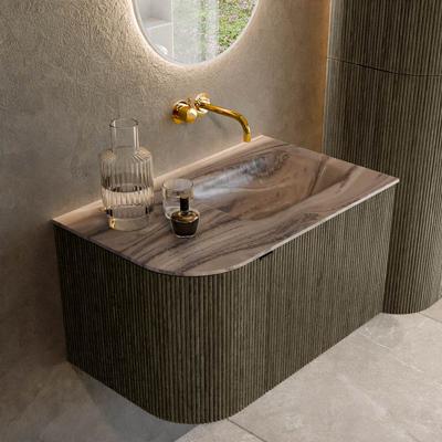 Badmeubel Mondiaz Kurve-Dlux | 75 cm | Meubelkleur Shadow | Wastafelkleur Sombra | Solid surface | Wasbak rechter zijde spoelbak | Zonder kraangat(en)