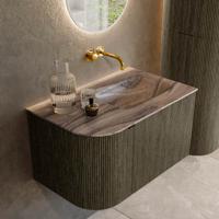 Badmeubel Mondiaz Kurve-Dlux | 75 cm | Meubelkleur Shadow | Wastafelkleur Sombra | Solid surface | Wasbak rechter zijde spoelbak | Zonder kraangat(en)