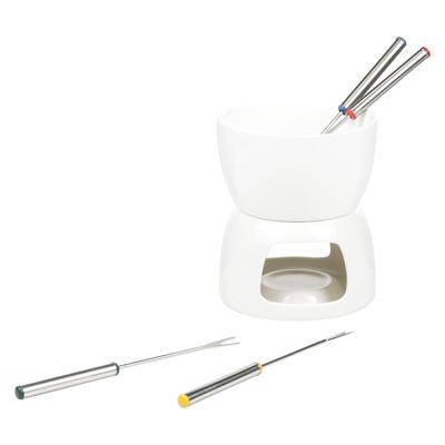 HI Fondue set - wit - porselein - Dia 12 cm - 4 fondue vorken - voor chocolade/kaas