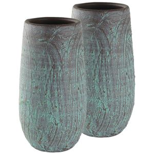 Set van 2x stuks hoge bloempotten/plantenpotten vaas van keramiek antiek brons D17 en H37 cm - Vazen