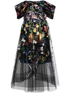 Marchesa Notte robe mi-longue Ribbons à fleurs brodées - Noir