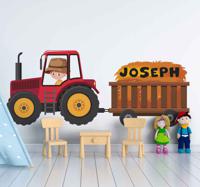 Stickers speelgoed Rode tractor met naam jongen - thumbnail
