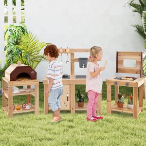 3-delig Outdoor Keuken Set Modderkeuken van Hout BBQ Grill en Pizzaoven met Waterbak