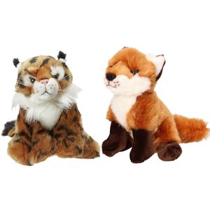 Bosdieren zachte pluche knuffels 2x stuks - Lynx en Vos van 18 cm