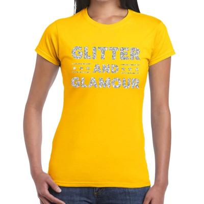 Glitter and Glamour Feestkleding T-shirt - Geel - zilver glitters letters - voor dames - Kleding