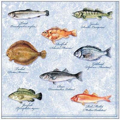 Tafel diner/lunch servetten - 20x stuks - vissen print - 33 x 33 cm - Seafood - Maritiem
