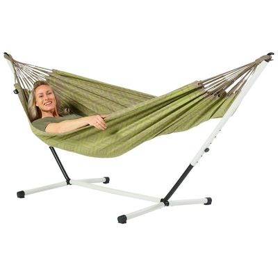 Eenpersoons hangmat met metalen standaard - 300x140cm - Groen - 120kg draagkracht- 100% katoen - binnen & buiten
