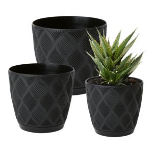 Form Plastic Plantenpot set New Age - 3x stuks - kunststof - zwart - met schotel