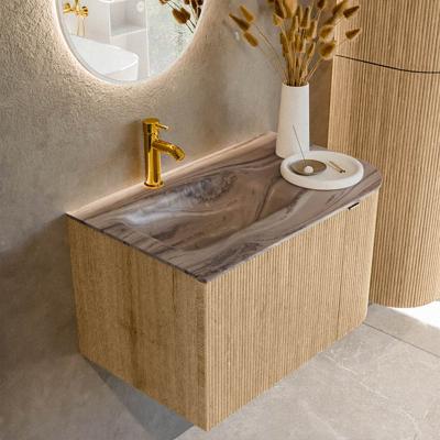 Badmeubel Mondiaz Kurve-Dlux | 75 cm | Meubelkleur Oak | Wastafelkleur Sombra | Solid surface | Wasbak linker zijde spoelbak | 1 kraangat