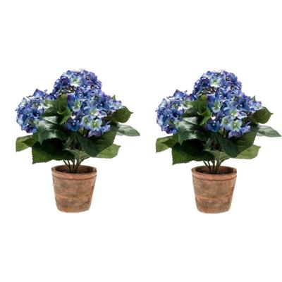 Bellatio Flowers & Plants Kunstplant Hortensia - 2x - blauw - 37 cm - in ronde terracotta pot