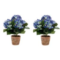 Bellatio Flowers & Plants Kunstplant Hortensia - 2x - blauw - 37 cm - in ronde terracotta pot