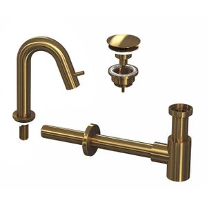 INK 4A Fonteinkraanset - staande Fonteinkraan - laag gebogen - always open - plug en designSifon - Brushed mat goud 9902463