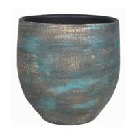 Luxe plantenpot/bloempot Madeira - blauw/goud - keramiek - 14 cm - thumbnail