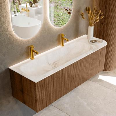 Mondiaz KURVE-DLUX 145 cm Onderkast Greeploos 1 Lade Met Deuren Walnut, Wastafel Solid Surface Links Frappe 2 Kraangaten Zonder Spiegel (KRVBGL145R1L1D2KL-Wal/Fra)