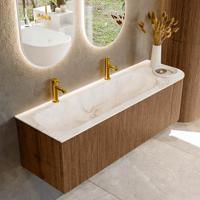 Mondiaz KURVE-DLUX 145 cm Onderkast Greeploos 1 Lade Met Deuren Walnut, Wastafel Solid Surface Links Frappe 2 Kraangaten Zonder Spiegel (KRVBGL145R1L1D2KL-Wal/Fra)