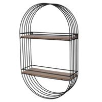 Wandplank/wandrek Industrial - metaal/hout - zwart - ovaal - 2 plankjes - 30 x 10 x 50 cm