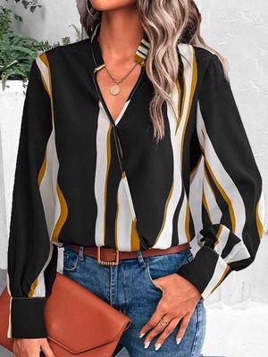 V Neck Casual Loose Abstract Stripes Top