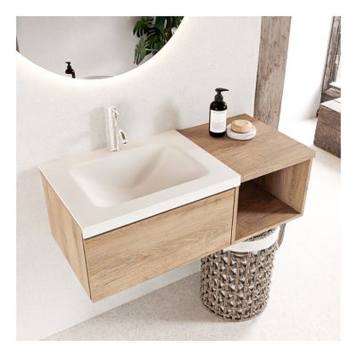 Mondiaz Bukla 100cm badmeubel met open module 40 kleur washed oak 1 lade wastafel links 1 kraangat kleur talc