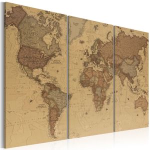 Schilderij - Stijlvolle Wereldkaart , 3 luik